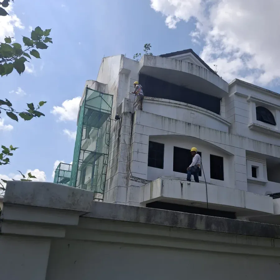 Exterior works in progress from scaffold access